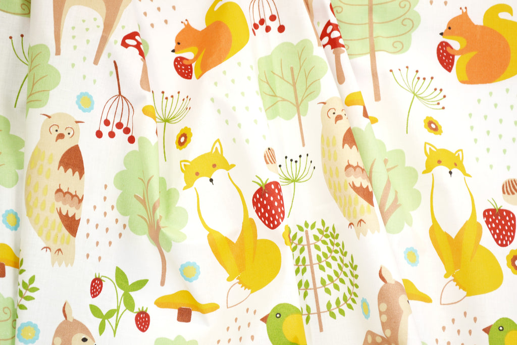 Regular Cotton Fabric - Yarkye Forest Animals And Plants On White
