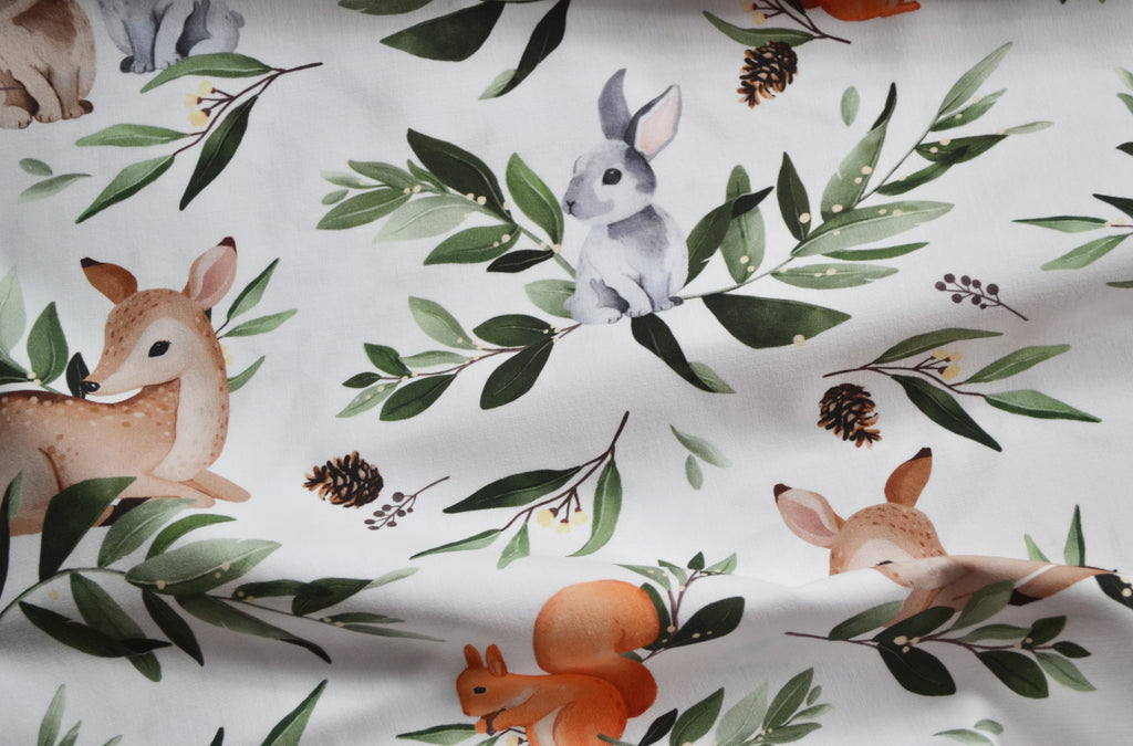 Premium Cotton Fabric - Roe Deer, Bunnies and Squirrel in Leaves