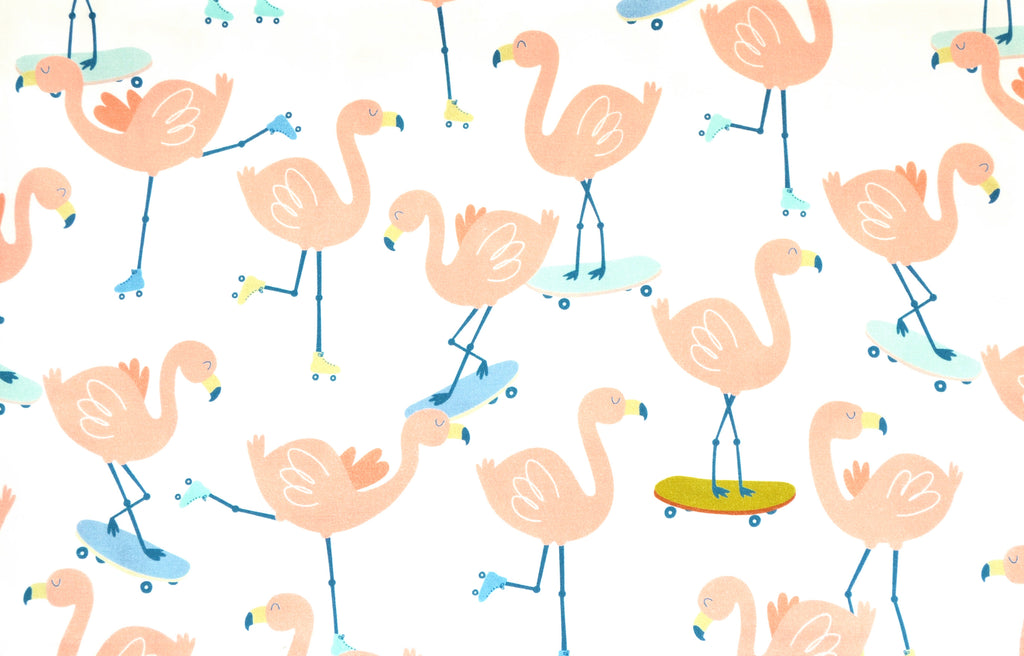 Flamingo on skateboards
