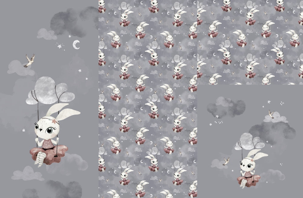 Panel on cocoon envelope and clutches, gloves Bunny on a swing on gray