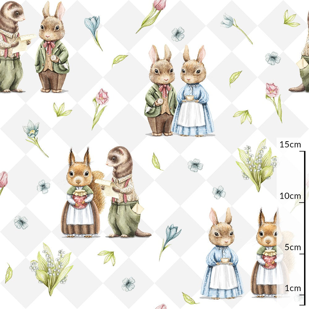 Animals in costumes on a gray diamond